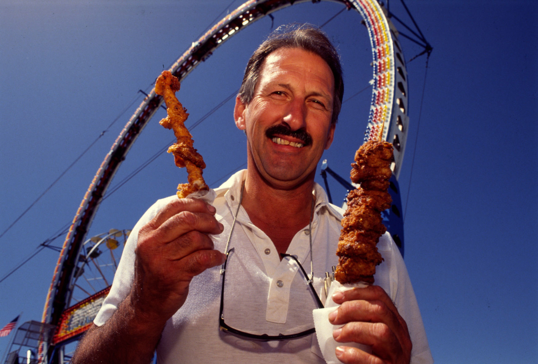 Cajun shrimp and Rocky Mountain oysters on a stick, 1992